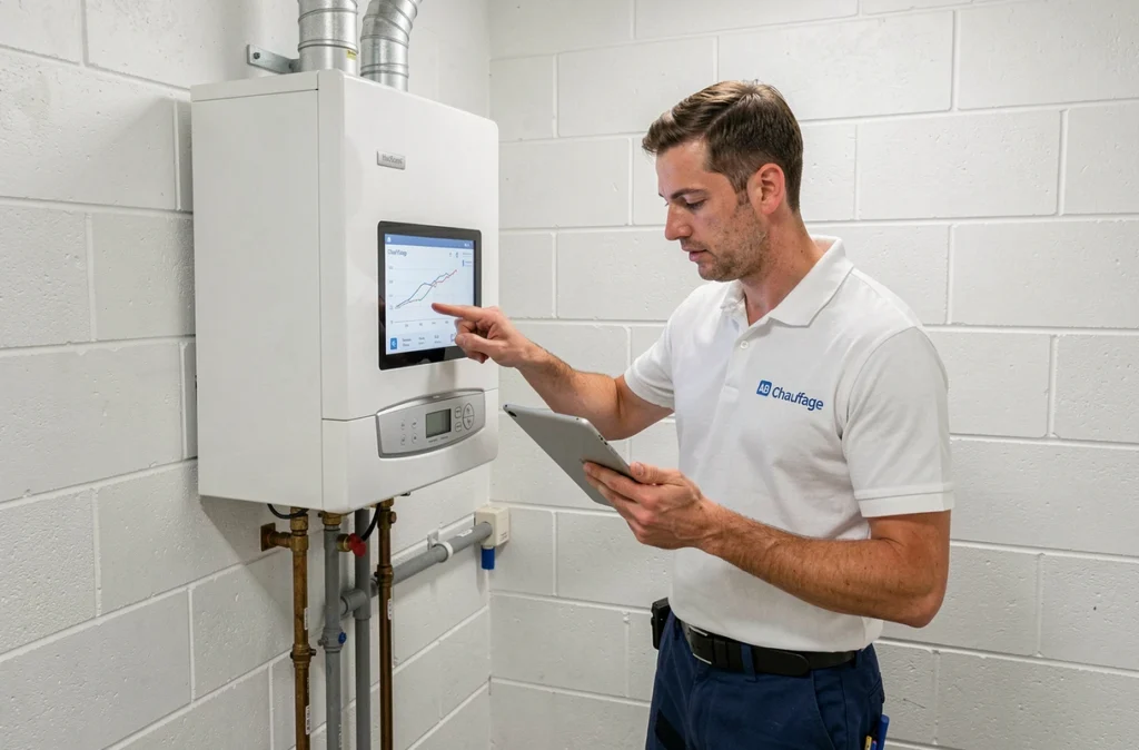 Spécialiste AB Chauffage consultant une tablette de diagnostic devant une chaudière murale