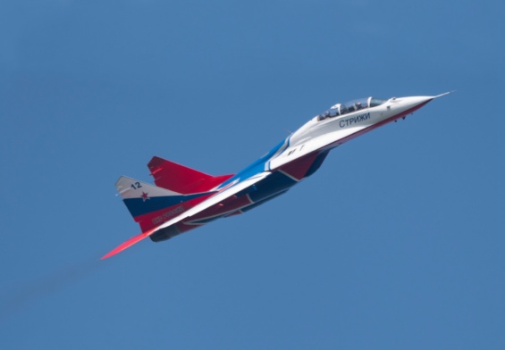 aerobatic team swifts perfoming demonstration flight of the international aerospace salon MAKS-2019