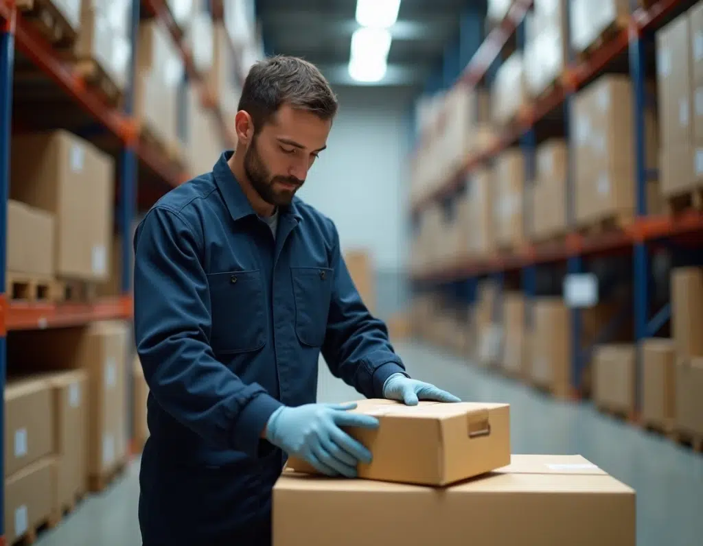 Agent logistique triant des colis sur palette dans un centre de distribution