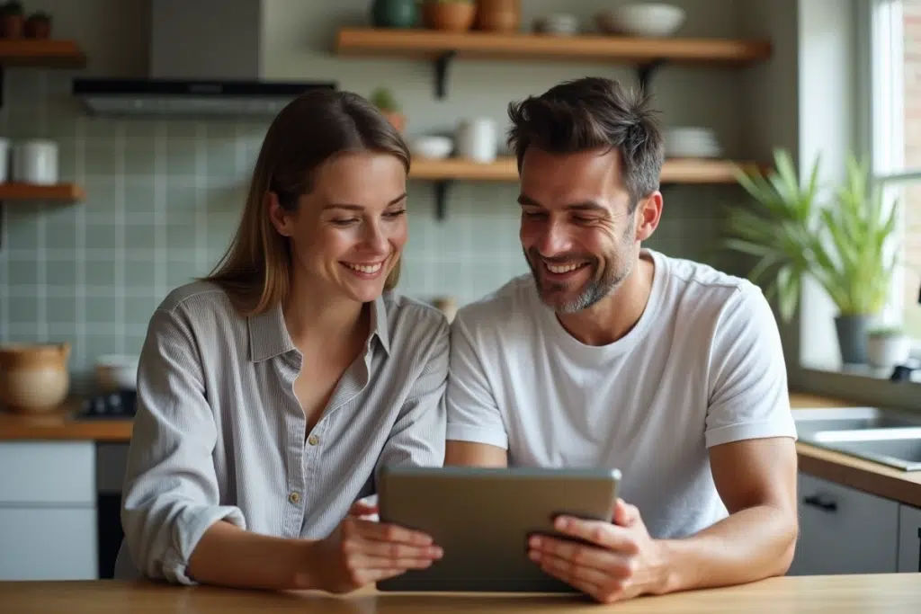 Deux amis consultant ensemble des alternatives légales de streaming sur une tablette dans une cuisine moderne
