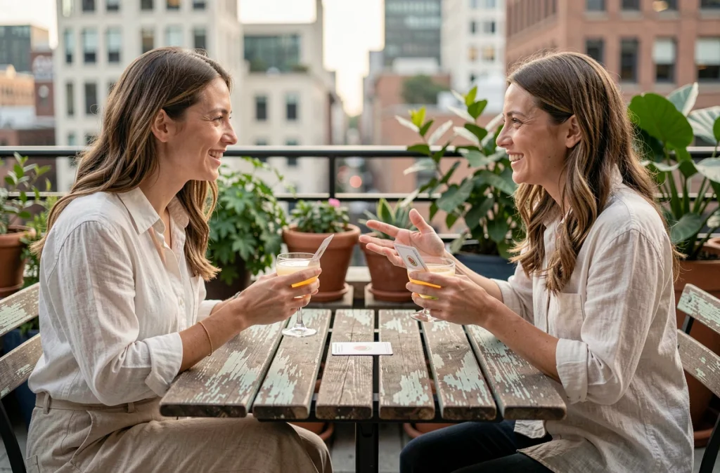 Deux amies comparant des jeux à boire avec des cartes et des verres sur une terrasse urbaine en plein air
