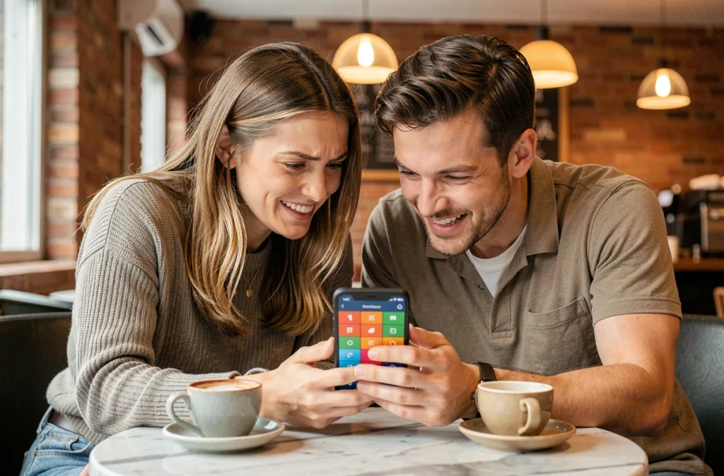 Deux amis dans un café débattant ensemble de la réponse à un mot de 5 lettres dans le jeu 4 Images un Mot