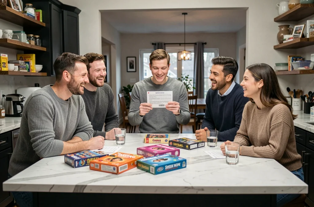 Groupe d'amis comparant différents jeux à boire autour d'un îlot de cuisine avec des cartes et des verres