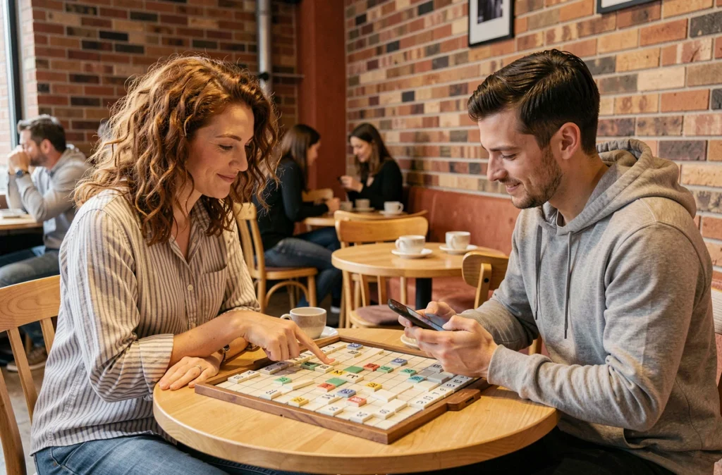 Deux amis vérifiant le mot MOTE pendant une partie de Scrabble dans un café
