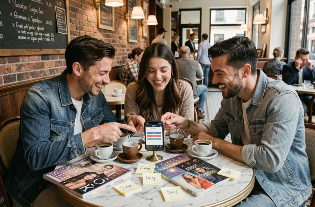 Groupe d'amis comparant leurs signes astrologiques avec ceux de célébrités dans un café parisien