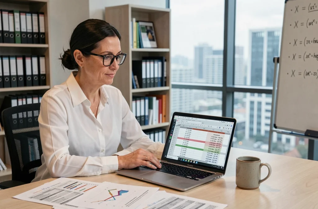 Femme analyste énergétique travaillant sur des conversions de mégawatts en kilowatts sur un ordinateur portable au bureau