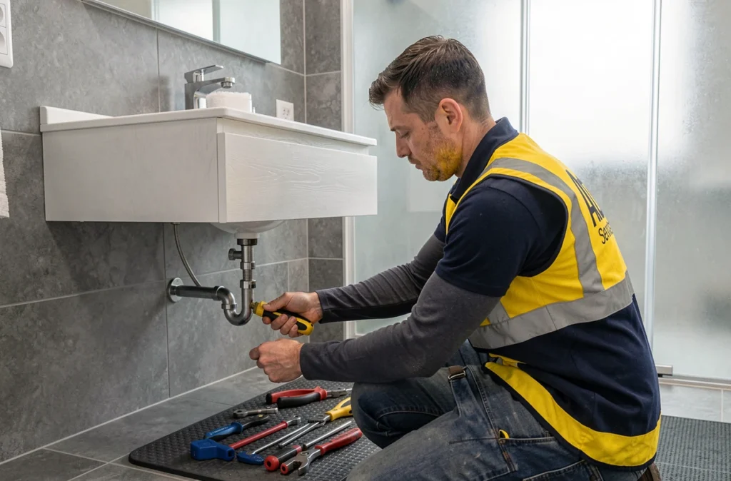 Plombier Atouts Services réglant la plomberie sous un lavabo dans une salle de bain moderne