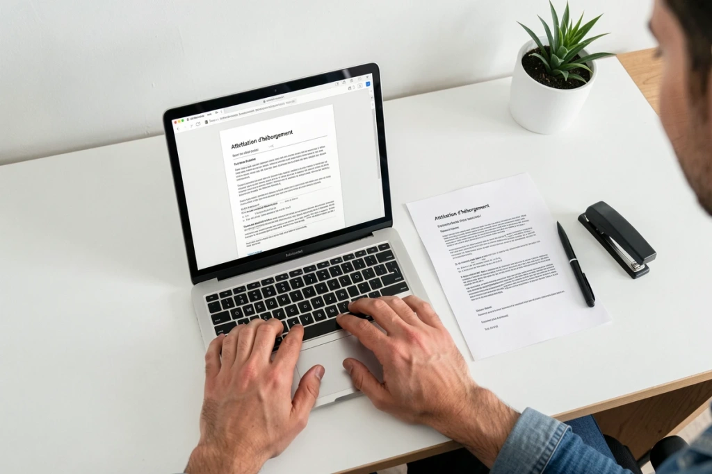 Attestation d'hébergement en PDF sur écran d'ordinateur et version imprimée sur un bureau