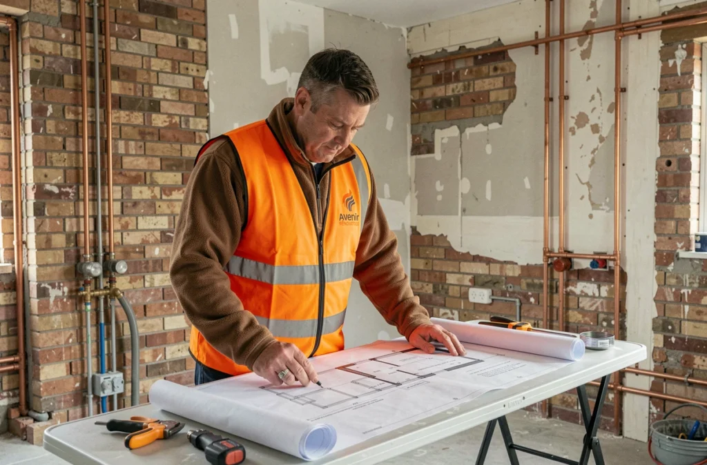 Spécialiste Avenir Rénovations Dunkerque étudiant des plans dans un appartement en travaux de rénovation