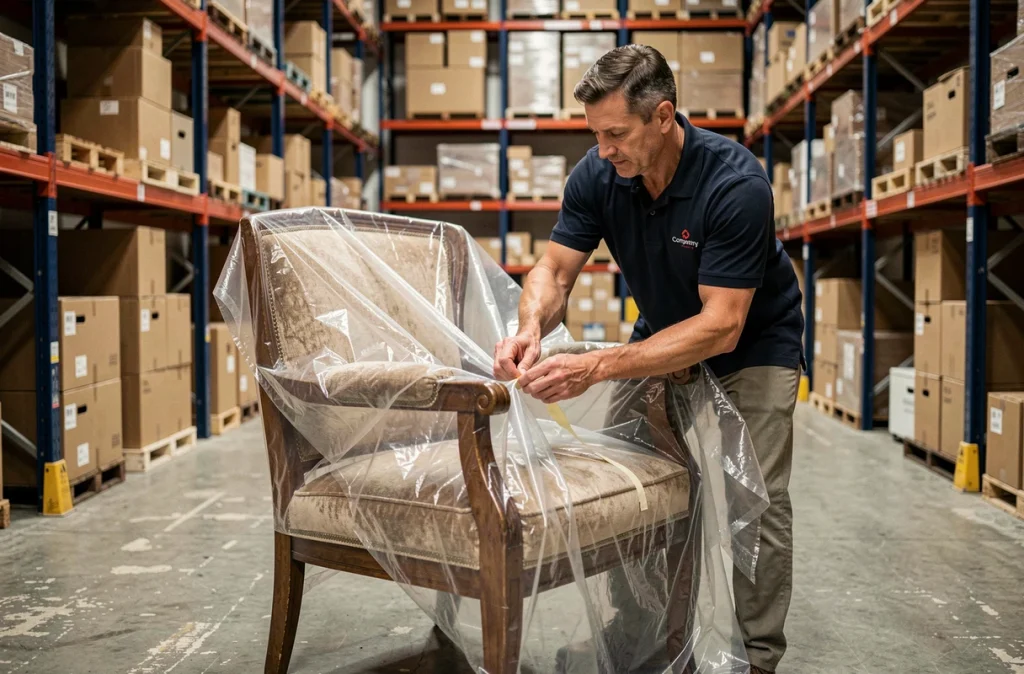 Déménageur Bardon Déménagements emballant soigneusement un fauteuil vintage dans une couverture de protection dans un entrepôt professionnel