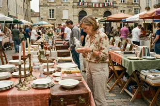 Marché aux puces en plein air dans une place de village lorrain avec des tables couvertes d'objets vintage et une femme examinant une figurine en porcelaine