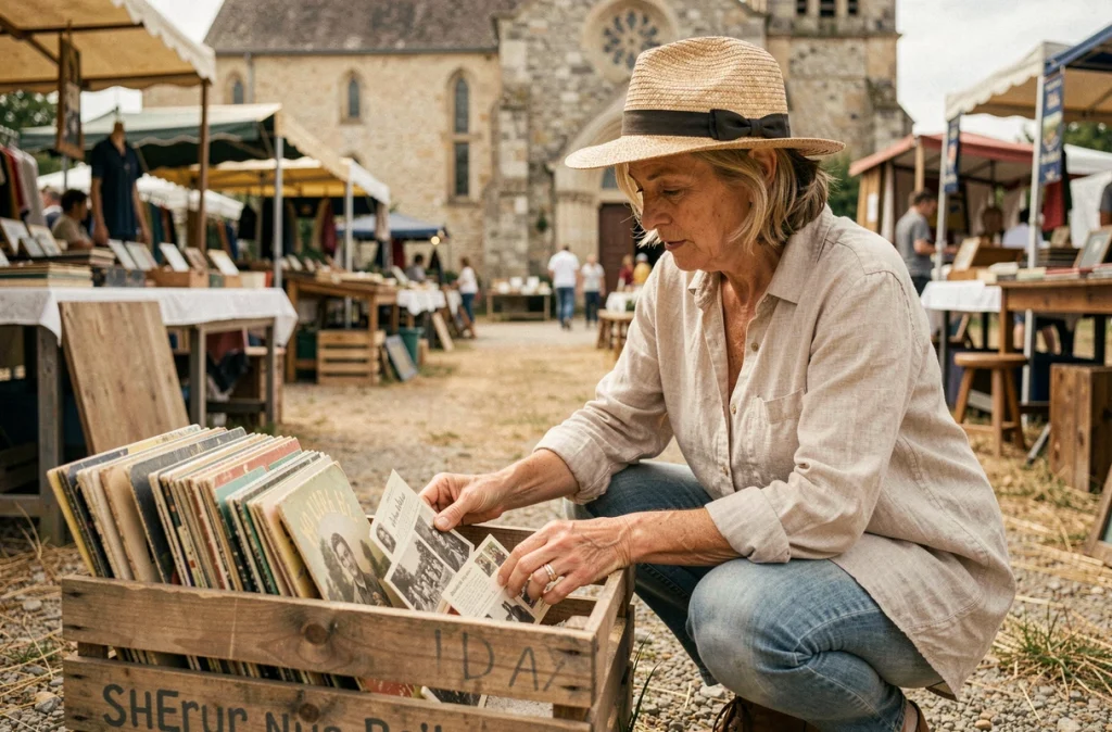 Femme chinant des disques vinyles et cartes postales anciennes dans un vide grenier en Tarn-et-Garonne