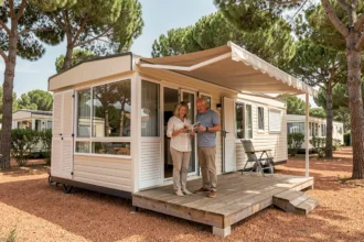 Couple devant un mobil-home moderne sur un camping en France, consultant une brochure de constructeur