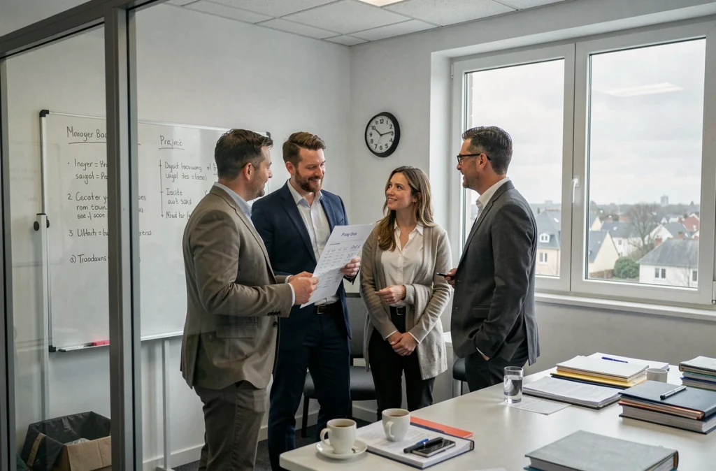 Un groupe de collègues consulte un planning de prière pendant une pause au bureau à Les Mureaux