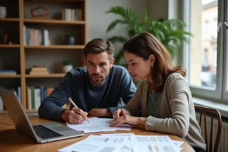 Couple en train de renégocier leur prêt immobilier autour de documents bancaires sur une table en bois dans un appartement moderne