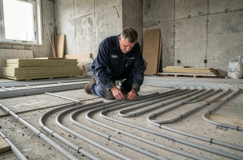Plombier Dalle Chauffage posant des tuyaux de chauffage au sol sur une dalle béton en chantier