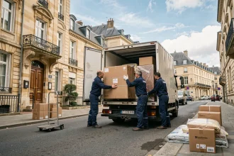 Équipe de déménageurs professionnels chargeant un camion blanc dans une rue résidentielle de Limoges, Haute-Vienne