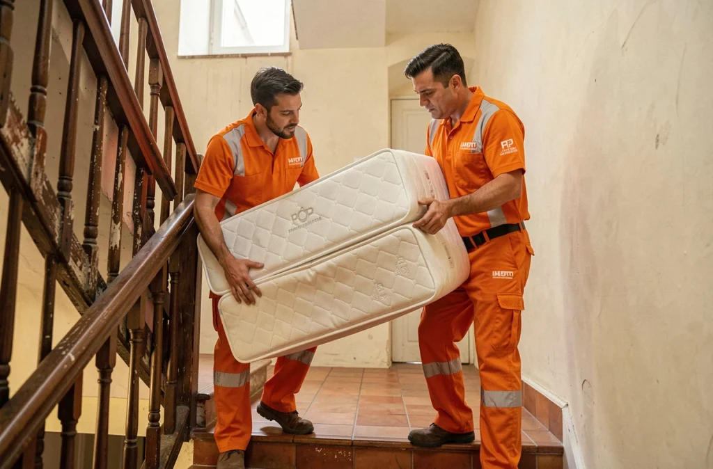 Deux déménageurs des Déménageurs Bretons portant un matelas dans l'escalier étroit d'un immeuble traditionnel français