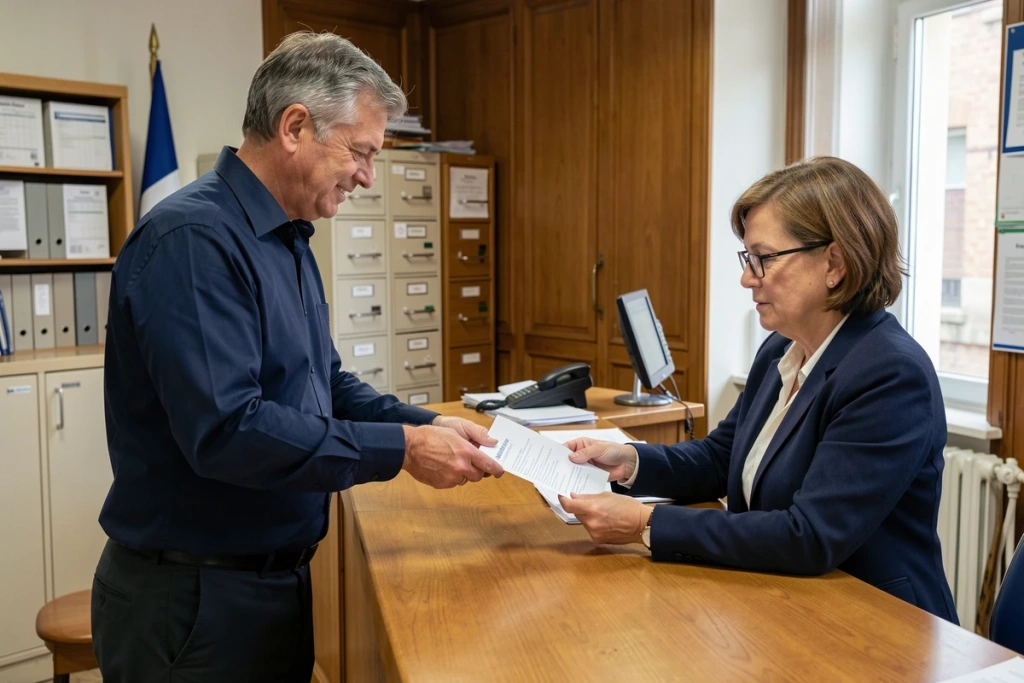 Homme déposant une attestation d'hébergement au guichet d'une mairie française