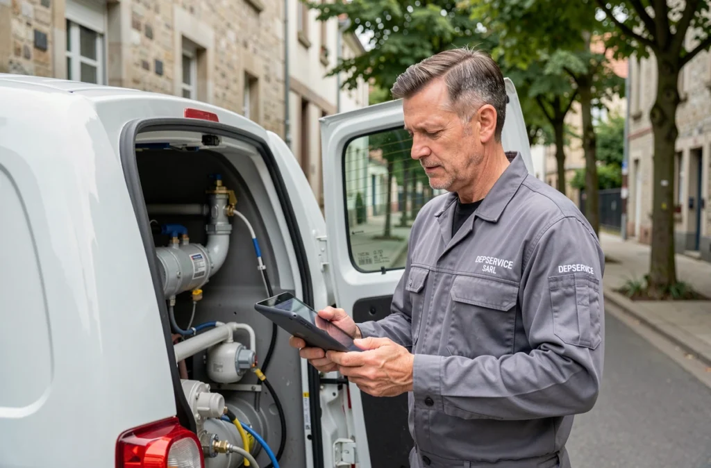Technicien DEPSERVICE SARL avec camionnette de service devant un immeuble résidentiel en Moselle