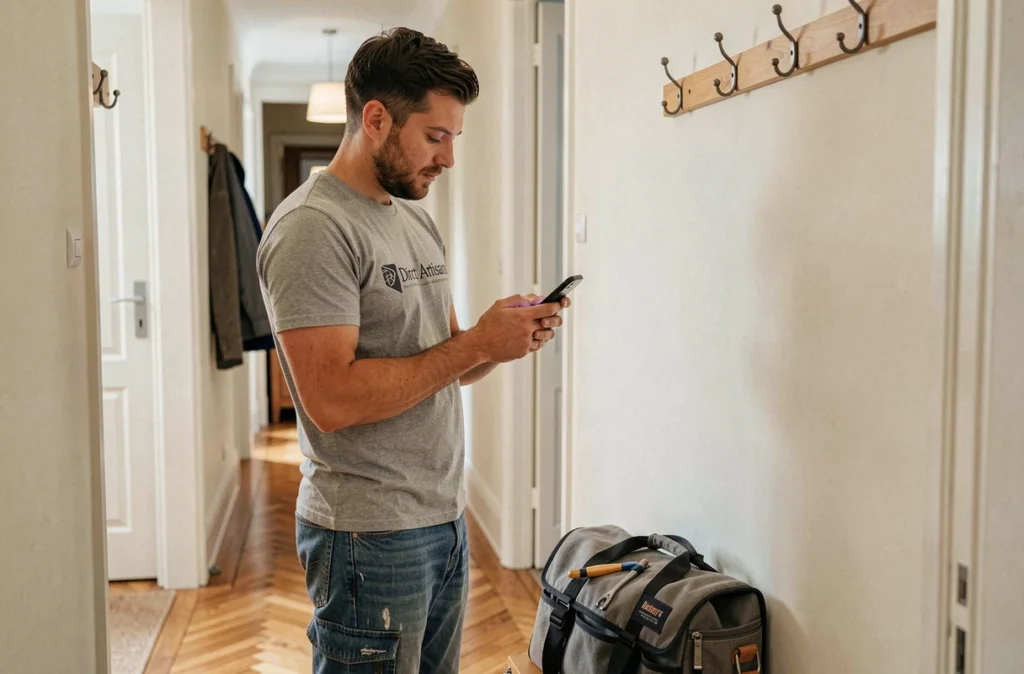 Artisan Direct Artisans consultant un devis sur smartphone lors d'une visite chez un client à Dunkerque