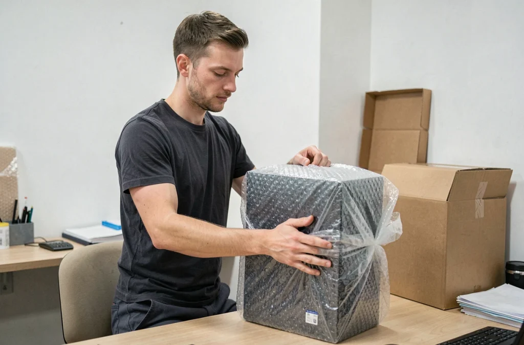 Technicien DTServices emballant du matériel informatique avec du papier bulle dans un bureau en cours de déménagement