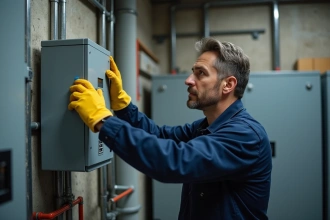 Électricien inspectant un transformateur triphasé monophasé dans un atelier industriel