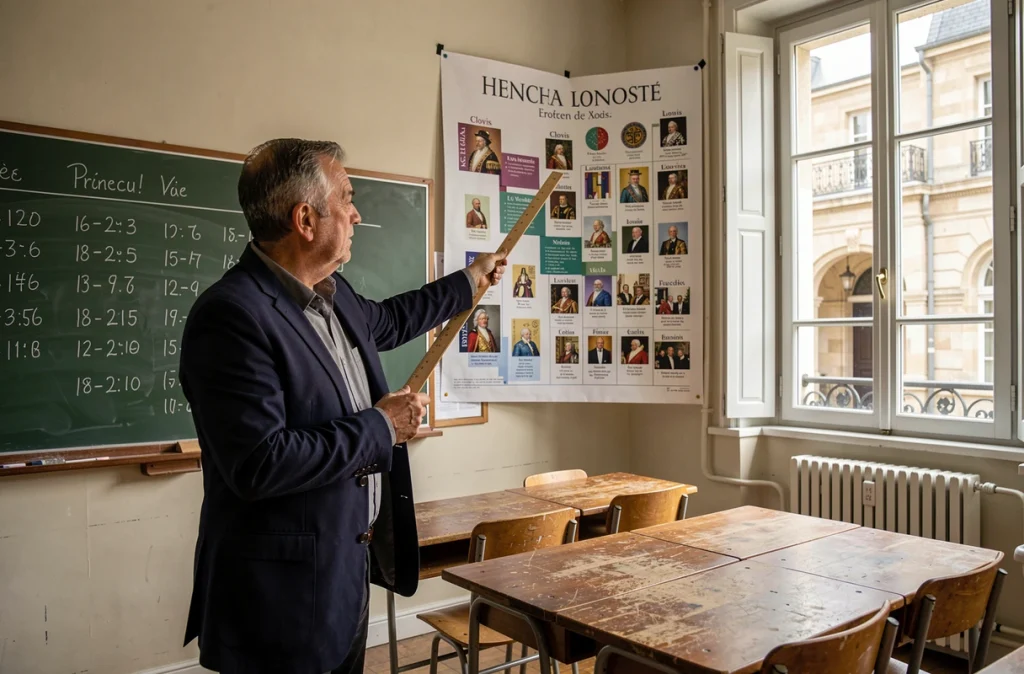 Enseignant d'histoire pointant une frise murale des rois de France dans une salle de classe traditionnelle avec tableau noir et pupitres en bois