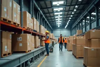 Entrepôt logistique avec colis sur convoyeurs et employés scannant des paquets en transit
