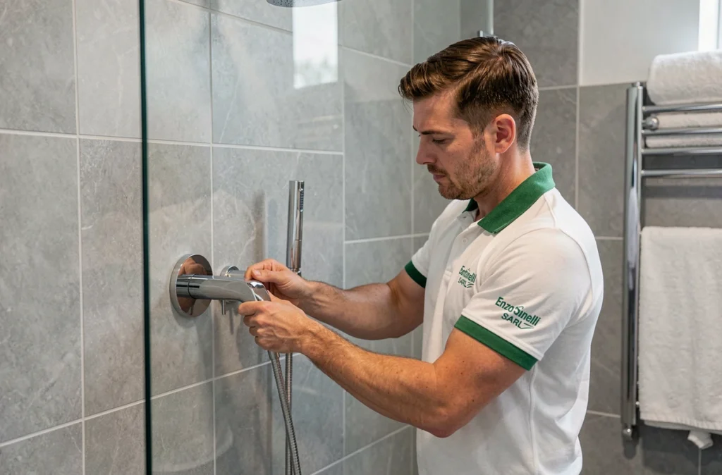 Plombier Enzo Santinelli SARL installant un mitigeur douche dans une salle de bain moderne en Moselle