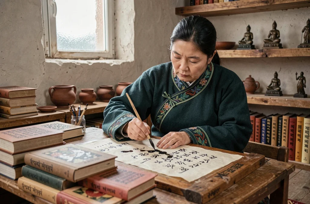 Érudite tibétaine calligraphiant des textes sacrés dans une salle d'étude traditionnelle, référence aux textes anciens sur Shamballa