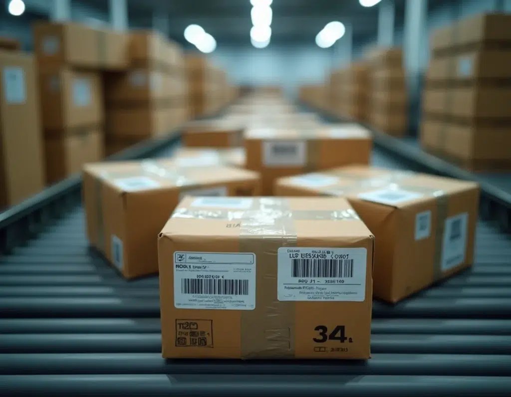 Étiquettes de suivi sur des colis en transit sur un tapis roulant de centre logistique