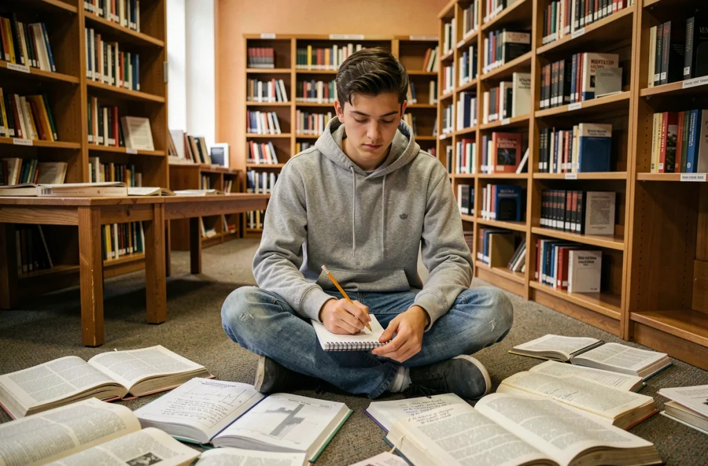 Étudiant en génie électrique révisant les conversions d'unités de puissance mégawatt kilowatt dans une bibliothèque universitaire