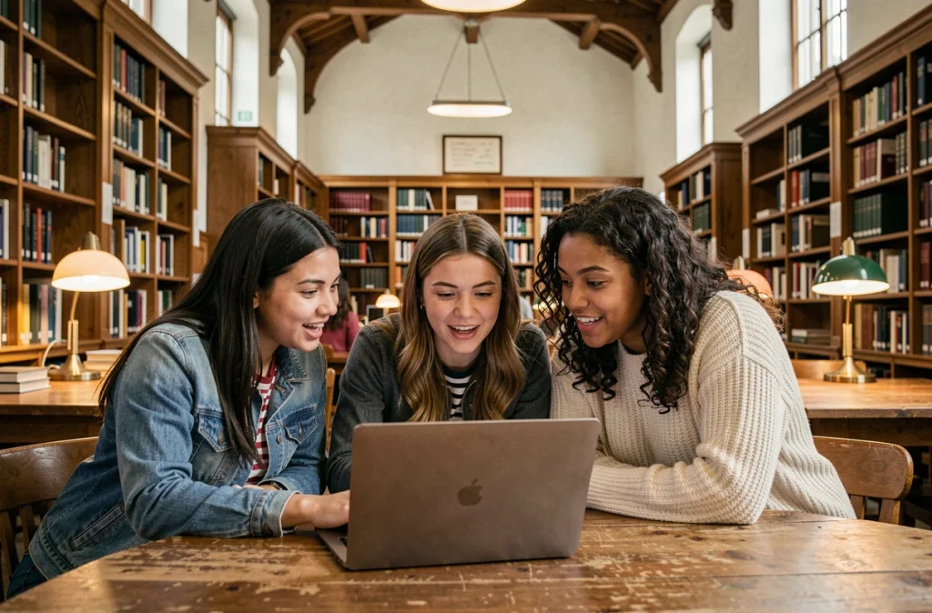 Groupe d'étudiants universitaires regardant ensemble une vidéo de science éducative sur un ordinateur portable dans une bibliothèque campus