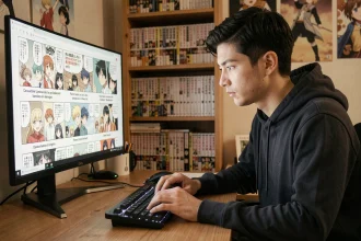 Jeune fan de manga lisant la traduction française de One Punch Man sur son ordinateur