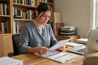 Femme consultante ses documents de salaire et son calendrier pour anticiper ses indemnités journalières en cas d'arrêt maladie