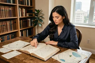 Femme consultant une carte astrale et des livres d'astrologie pour comparer son signe avec celui de célébrités