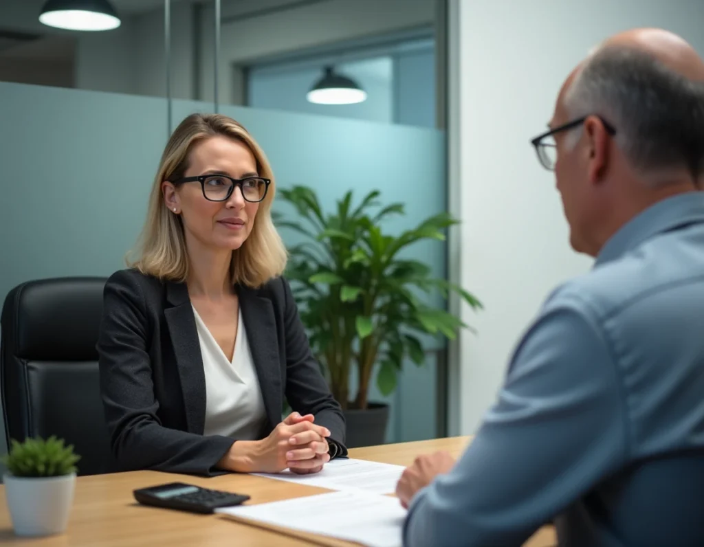 Femme consultant un conseiller bancaire pour renégocier son prêt immobilier dans une agence bancaire moderne