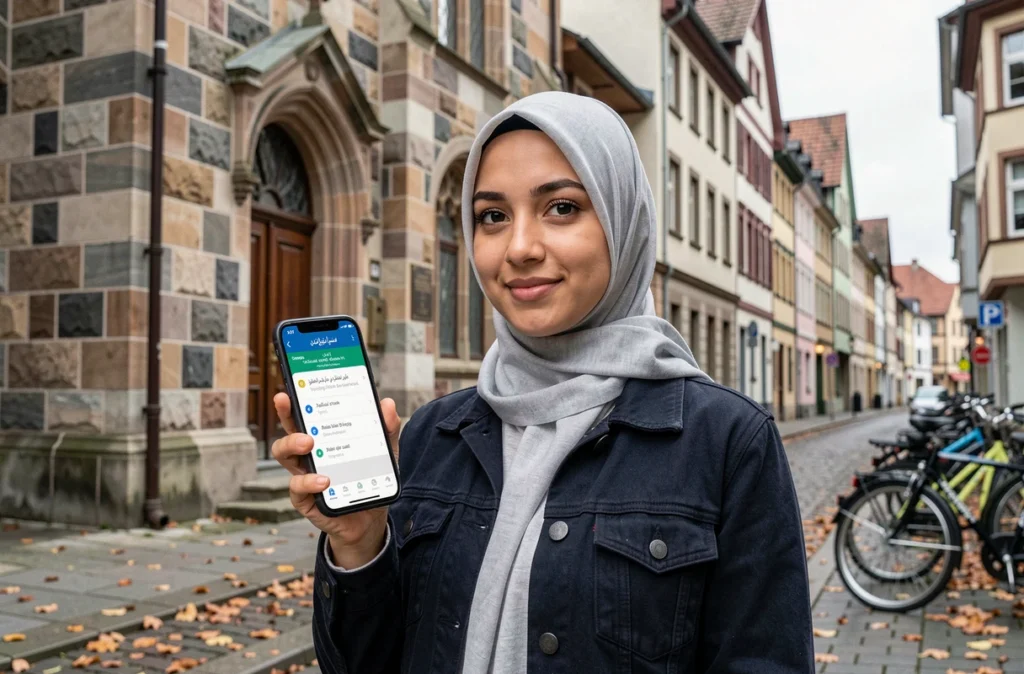 Jeune femme consultant les horaires de prière sur smartphone devant une mosquée à Hautepierre