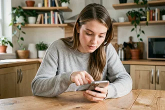 Jeune femme jouant à 4 Images un Mot sur son smartphone, assise à une table en bois dans un appartement moderne