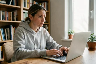 Femme cherchant le mot de passe du jour Codycross sur son ordinateur portable dans un bureau à domicile