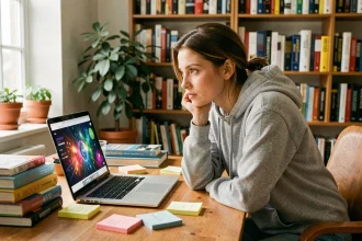 Jeune femme regardant une vidéo scientifique éducative sur son ordinateur portable dans un bureau maison entouré de livres de science