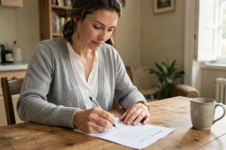 Femme remplissant une attestation d'hébergement sur papier à une table de cuisine