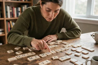Femme vérifiant le mot MOTE sur un plateau de Scrabble en bois à la maison