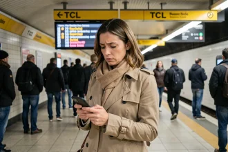 Femme consultant son smartphone sur un quai du métro de Lyon lors d'un incident de trafic