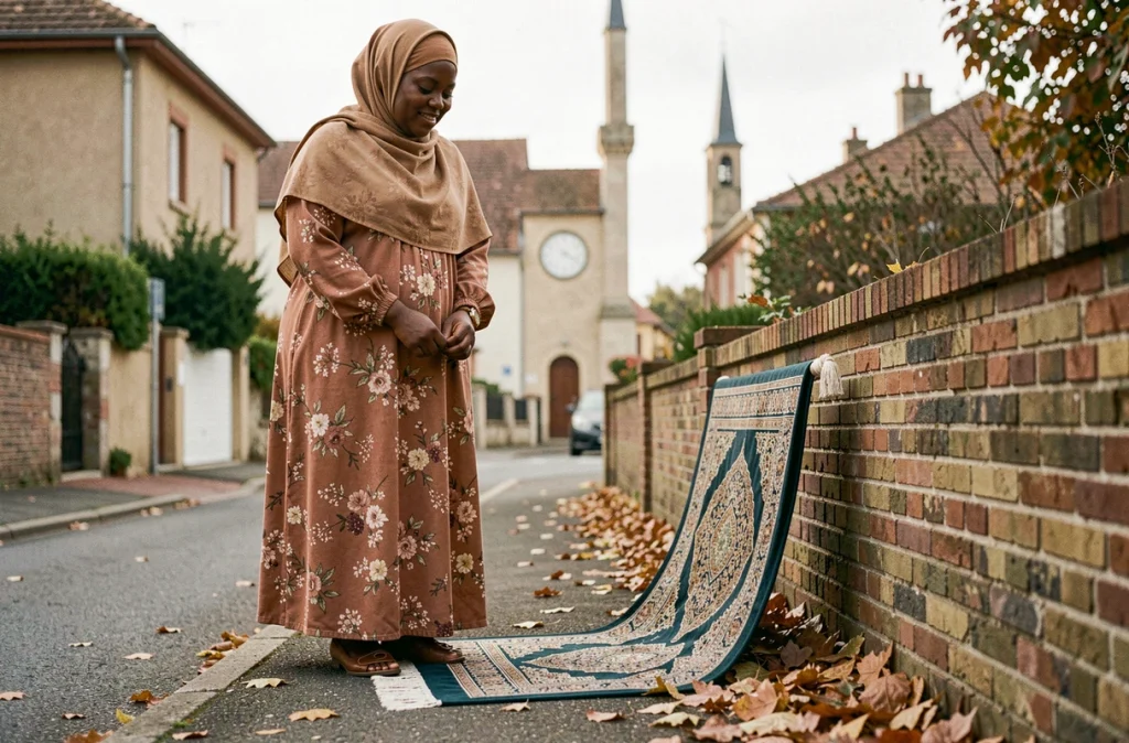 Une femme prépare son tapis de prière dans une rue résidentielle de Les Mureaux