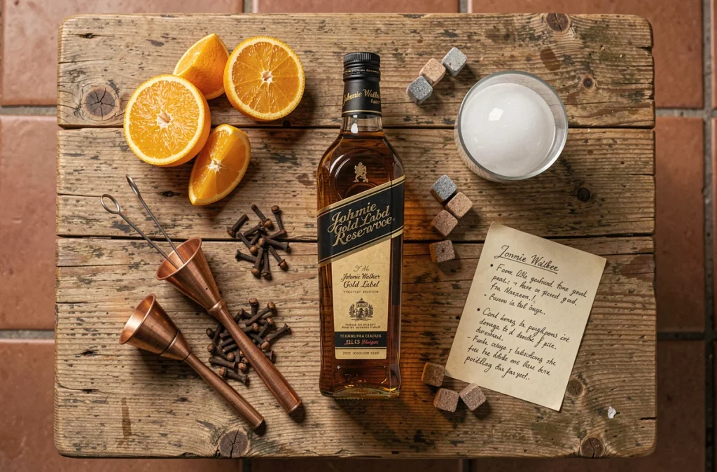 Vue aérienne d'une composition flat-lay avec une bouteille de Johnnie Walker Gold Label Reserve entourée d'ingrédients pour cocktails sur une table en chêne rustique