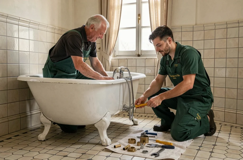 Père et fils de Fournier et Fils SARL remplaçant un robinet de baignoire dans une salle de bain traditionnelle