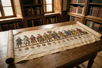 Frise chronologique des rois de France déroulée sur une table de bibliothèque, avec des médaillons de portraits enluminés et des inscriptions calligraphiées sur parchemin jauni