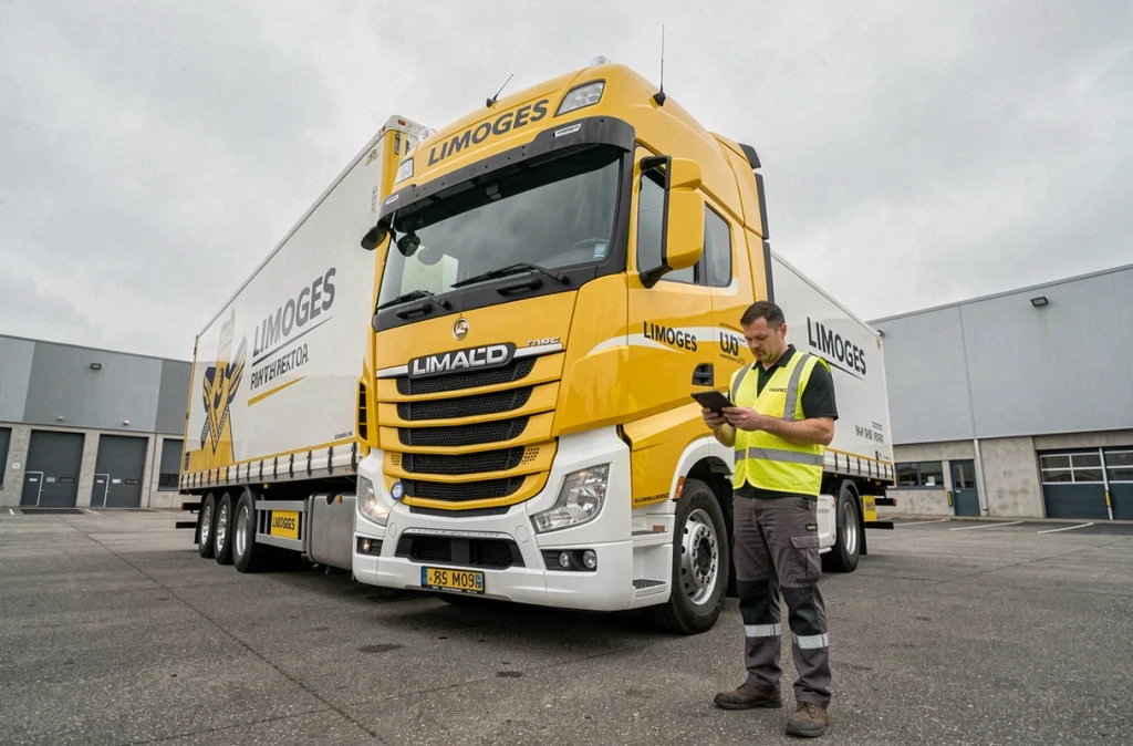 Responsable Gondrand SFT inspectant un grand camion de déménagement longue distance avec une tablette dans une zone industrielle près de Limoges